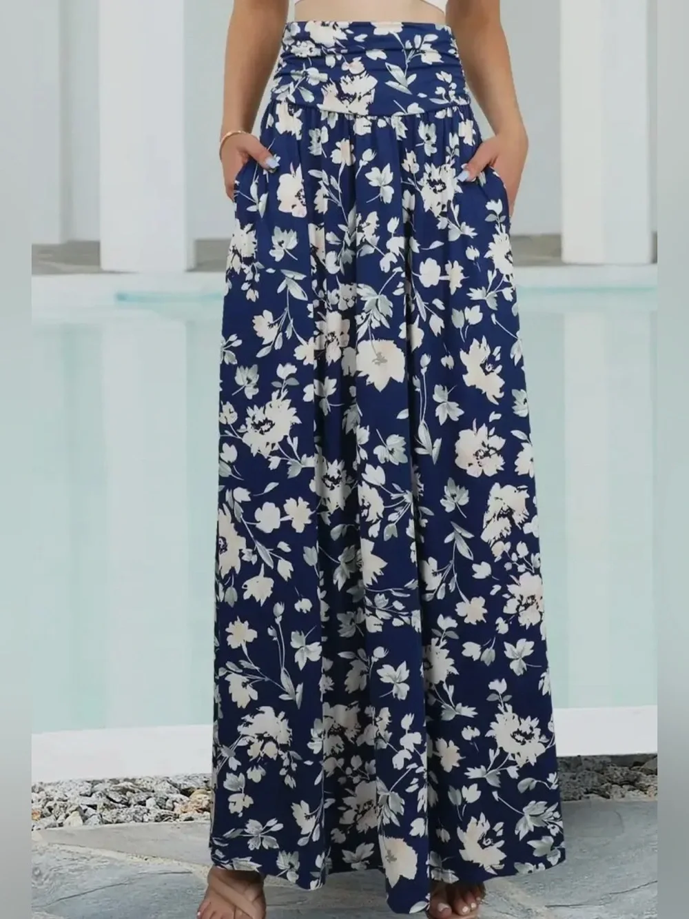 Navy Floral Maxi Skirt with Pockets - Picture 1 of 2